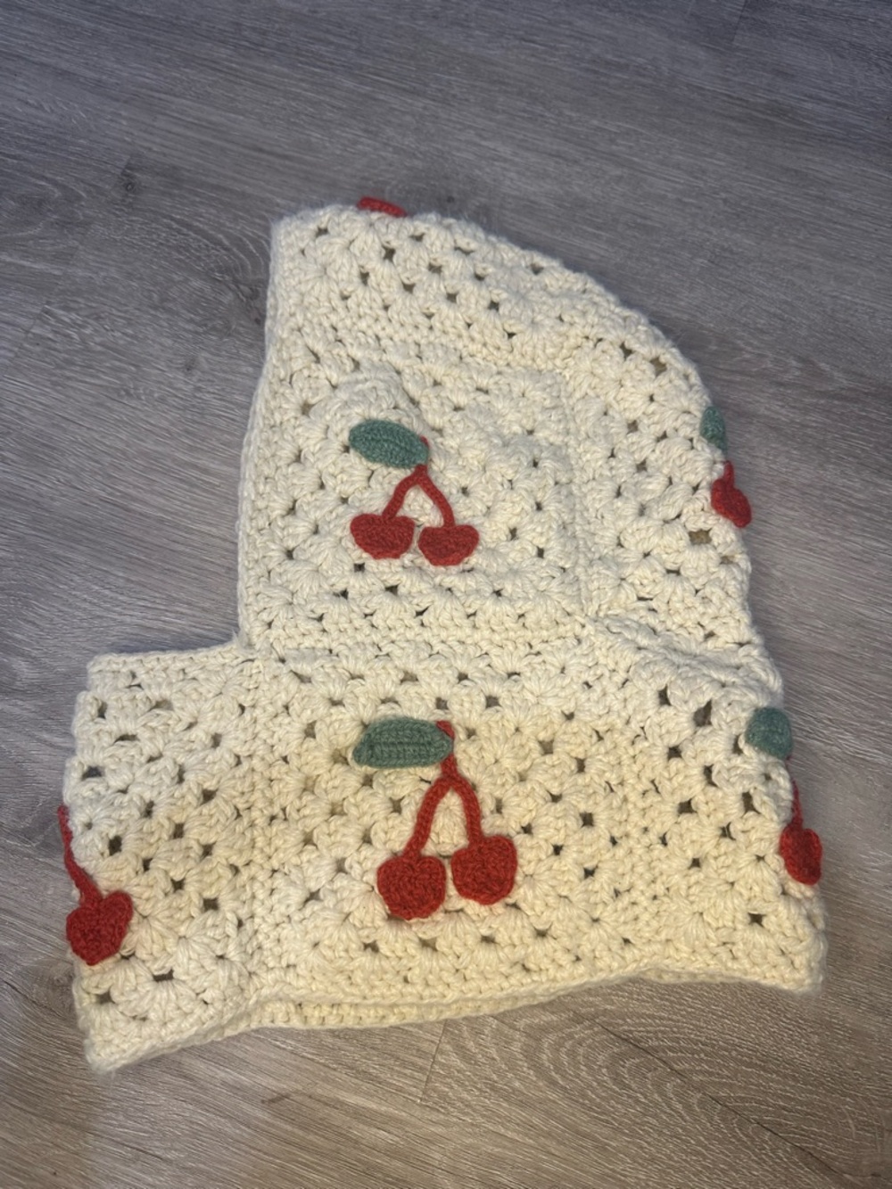 Urban Outfitters Cream Crochet Hood with Red Cherry Appliqués